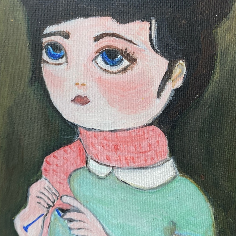Painting Knitting Girl Portrait Art with Pink and Green Accents Signed
